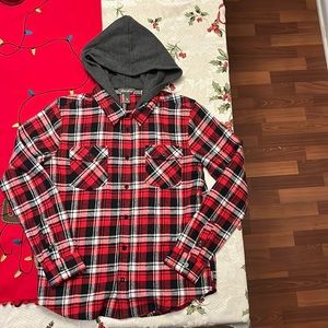 Eddie Bauer red plaid button down hoodie